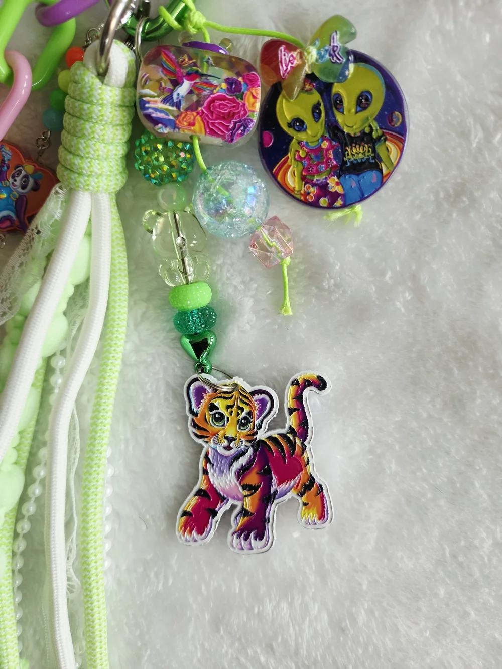 Lisa Frank Keychain 80s 90s Neon Green Tassel Vibrant Bag Charm